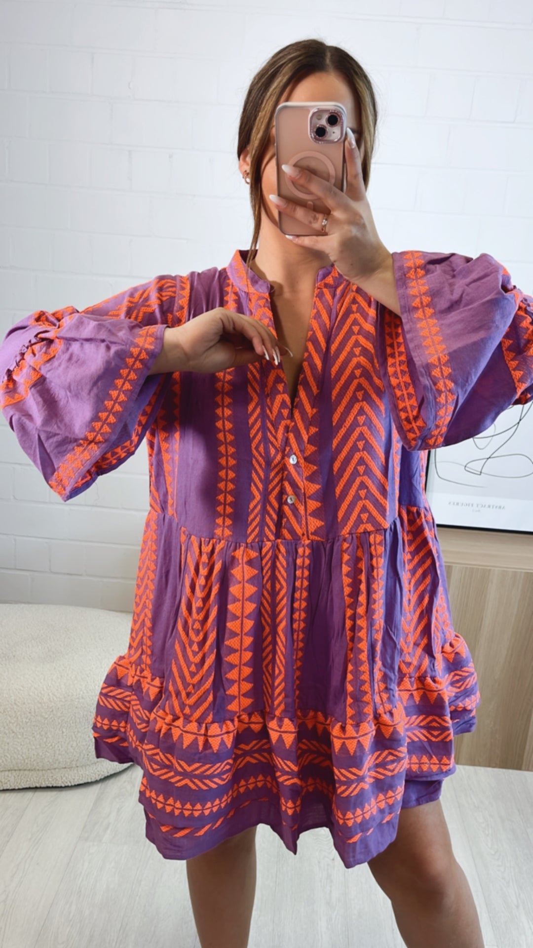 PREMIUM Tunika Kleid mit Muster / lila - neon pink Art. 9654