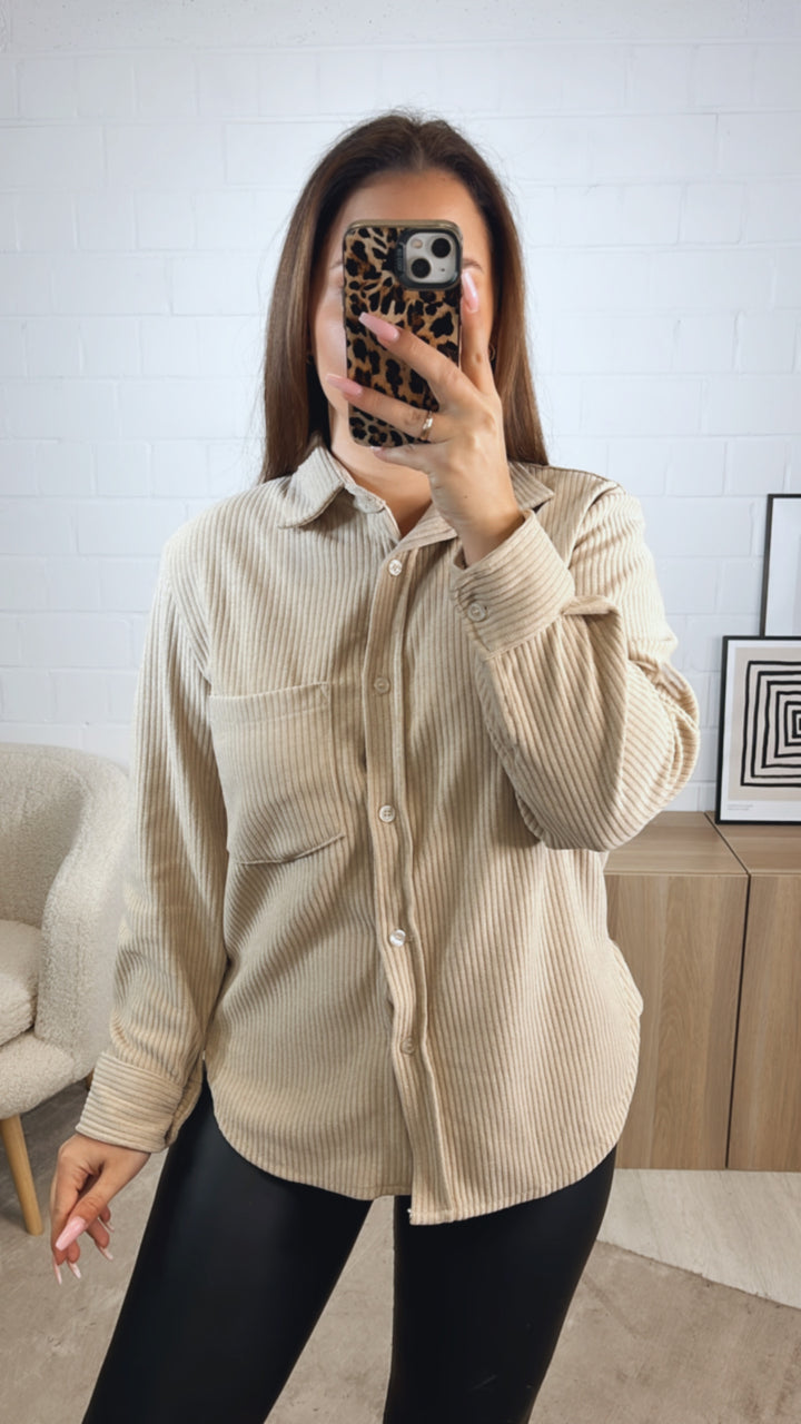 Bluse im Cord Look mit Brusttasche / beige Art. 12707