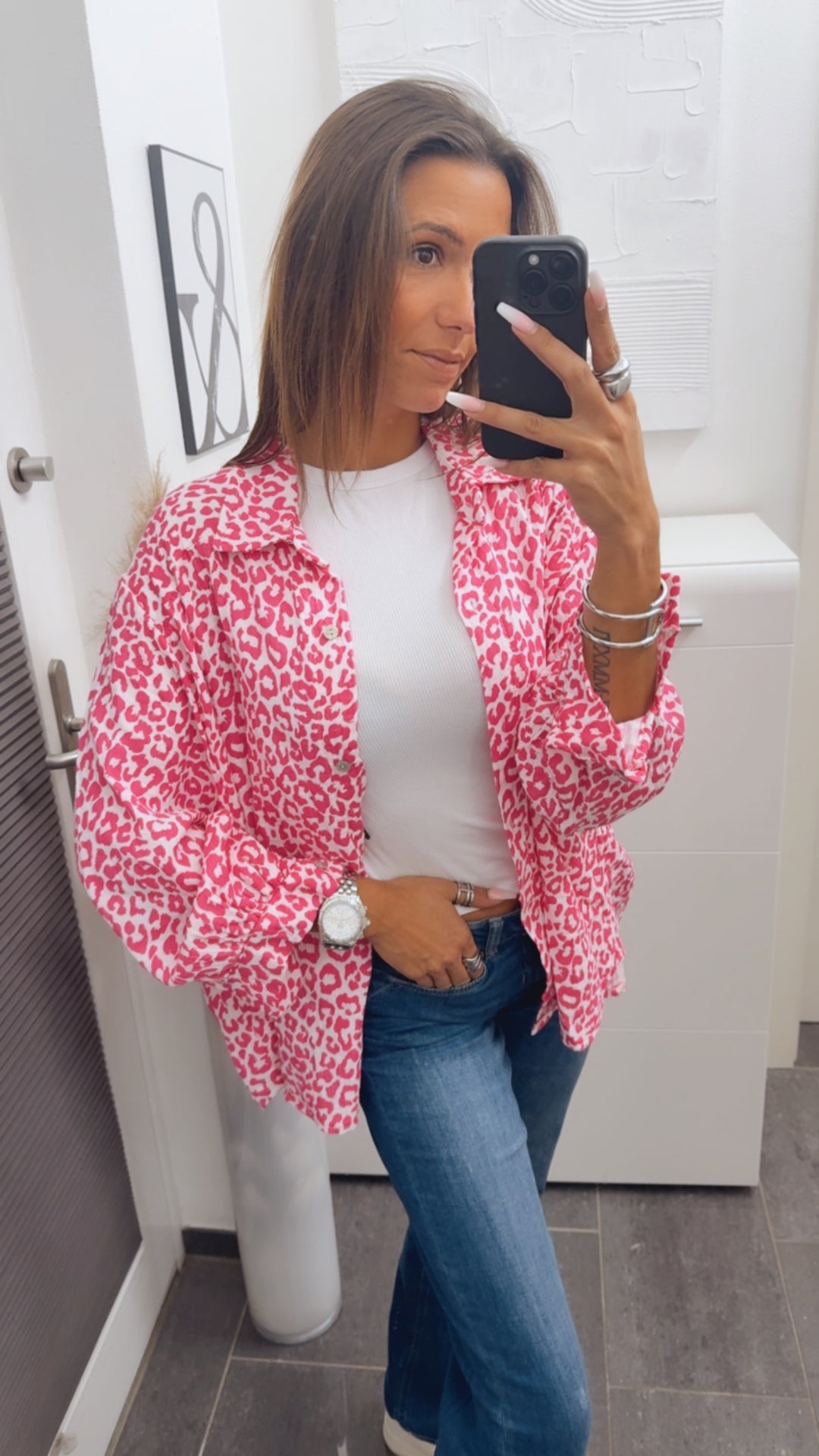 LEO KURZE Oversize Musselin Bluse / weiss - pink Art. 13763