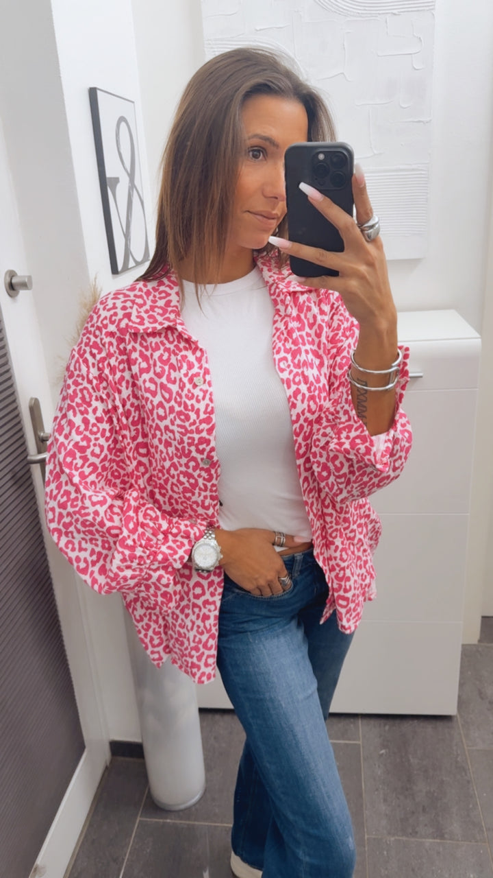 LEO KURZE Oversize Musselin Bluse / weiss - pink Art. 13763