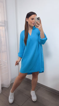 BLUSENKLEID Musselin mit V-Ausschnitt / azur blau Art. 14451
