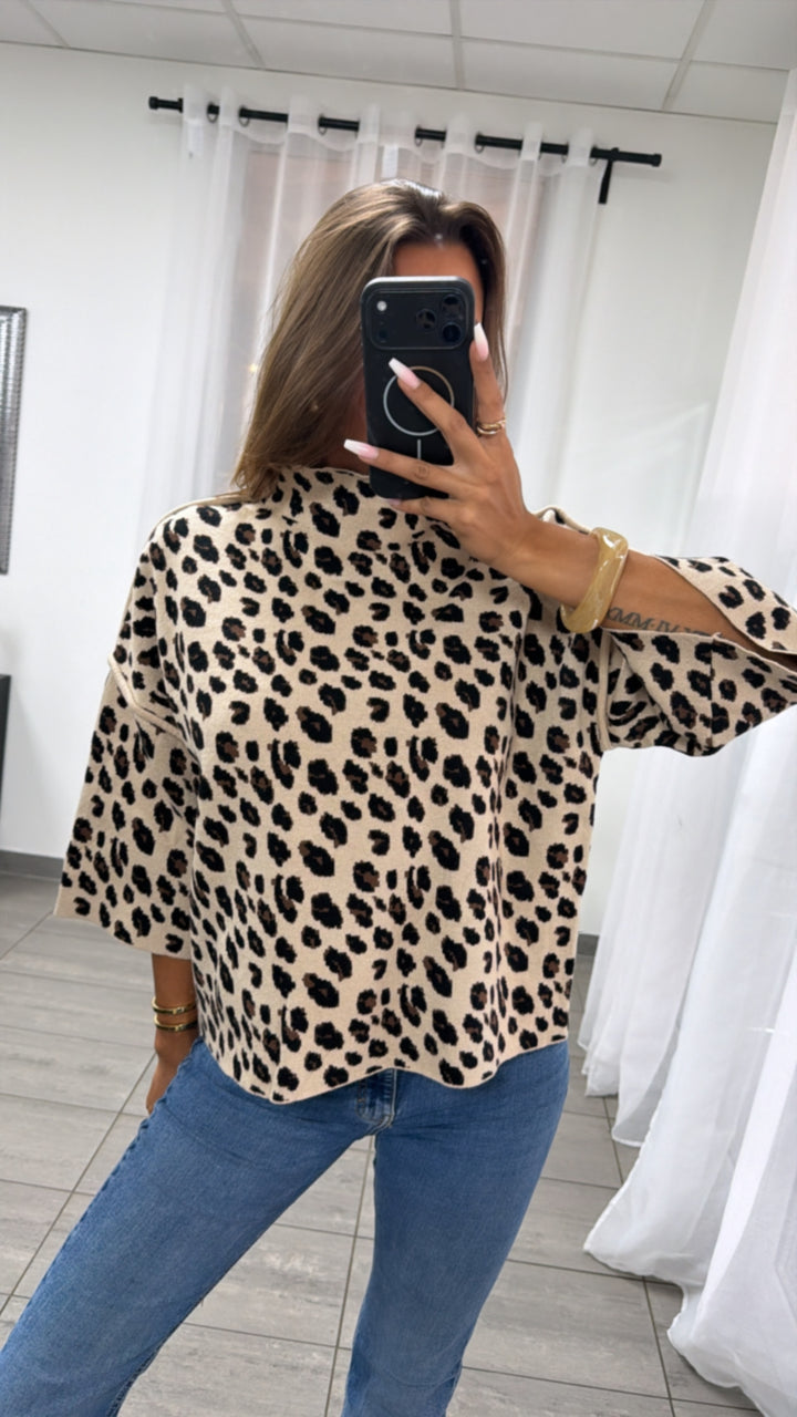 Stylischer Leo Pullover mit Stehkragen / beige - schwarz - braun Art.16331
