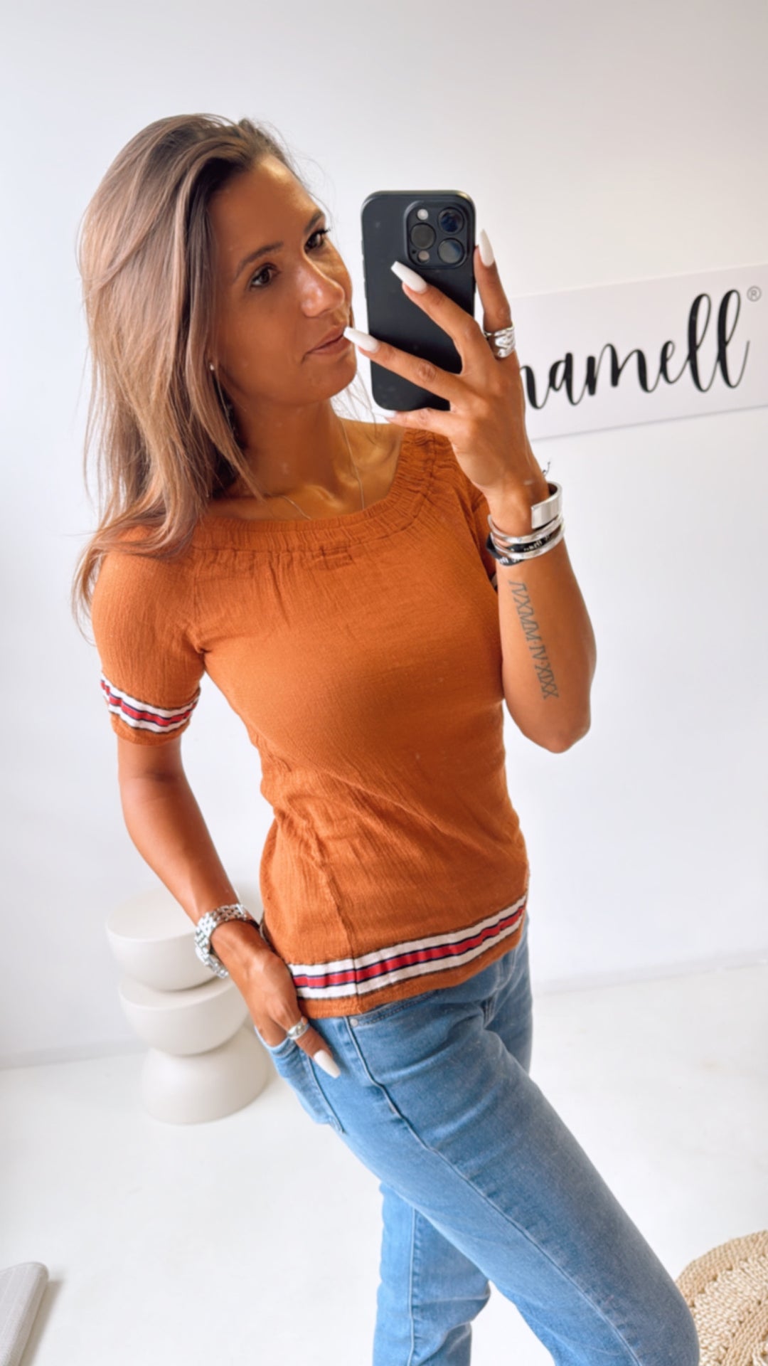 Off - Shoulder Baumwoll Oberteil, Streifen / rost Art. 10524