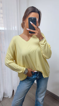 Lockeres Langarm Oberteil mit V-Ausschnitt / soft gelb Art. 14223
