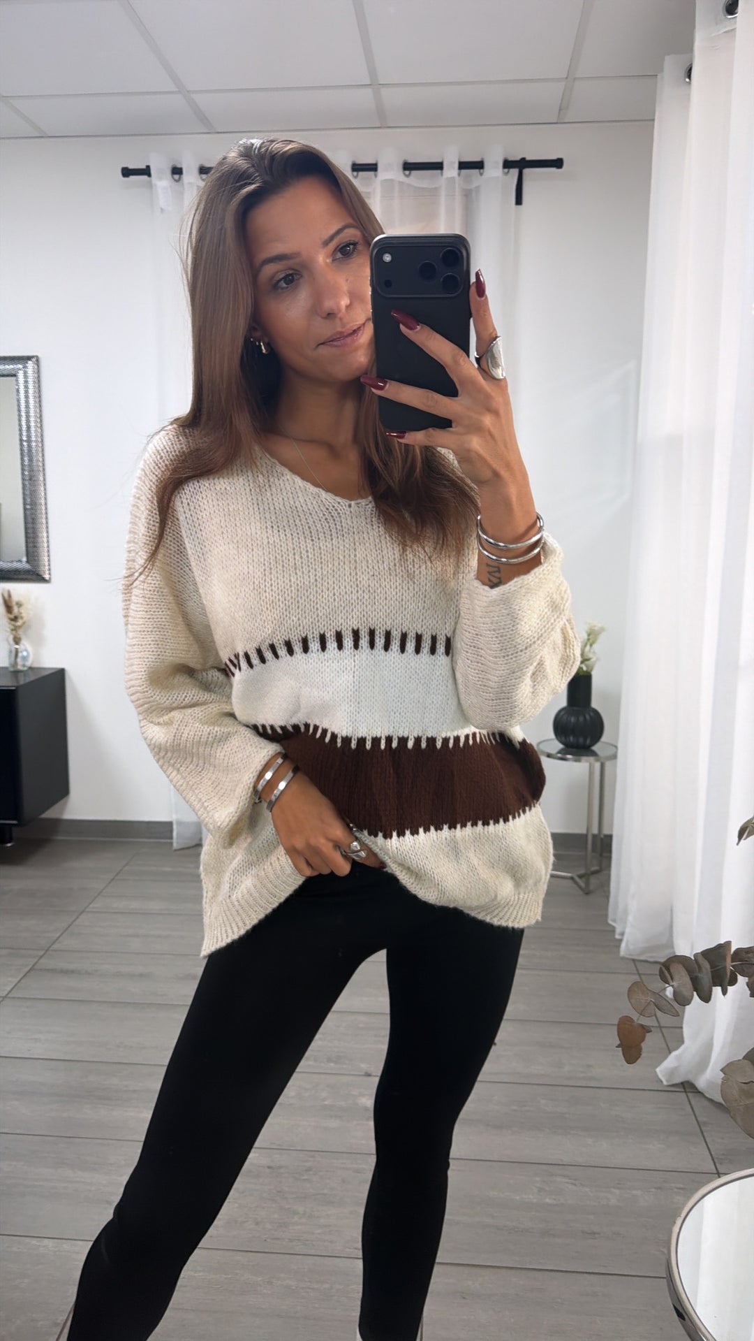 wollfreier BLOCKSTREIFEN oversize Strick Pullover, V-Ausschnitt / creme - braun - weiss Art. 16651