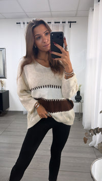wollfreier BLOCKSTREIFEN oversize Strick Pullover, V-Ausschnitt / creme - braun - weiss Art. 16651
