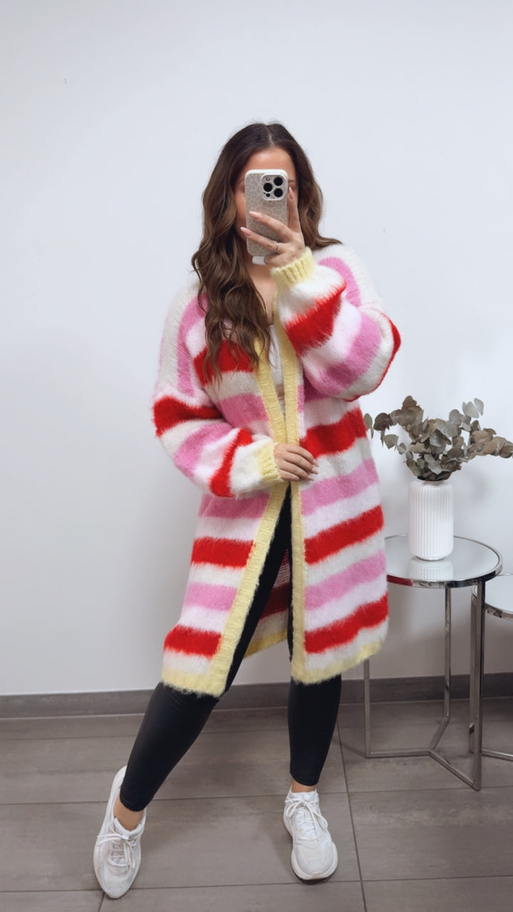 STREIFEN flauschiger, offener Cardigan / soft gelb - creme - pink - rosa - rot Art. 13571