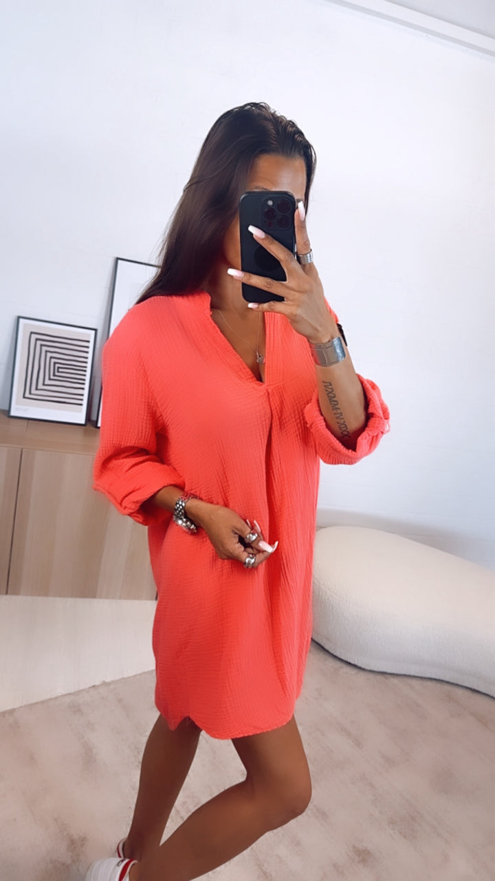 BLUSENKLEID Musselin mit V-Ausschnitt / coral Art. 10995