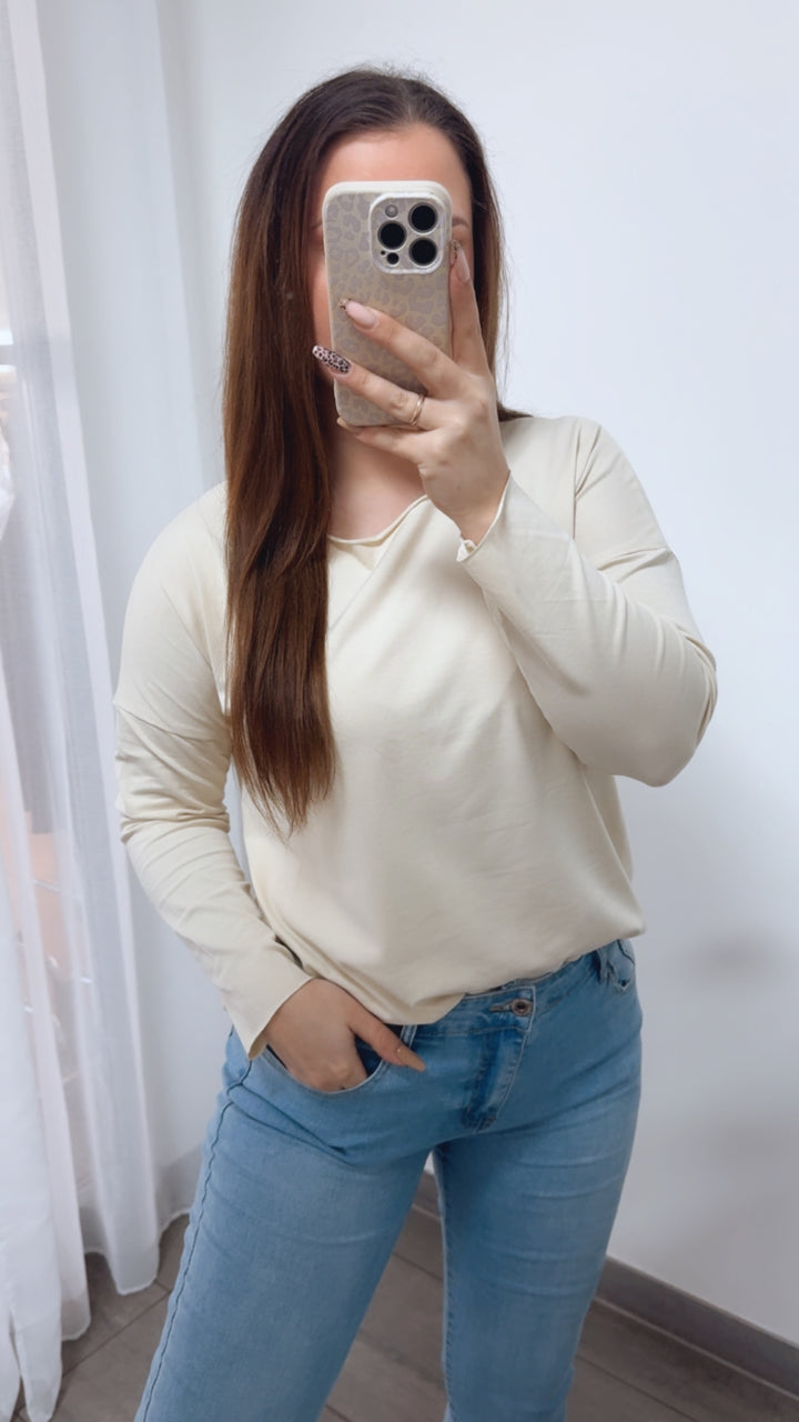 Baumwoll Basic Langarm Oberteil / creme Art. 14242