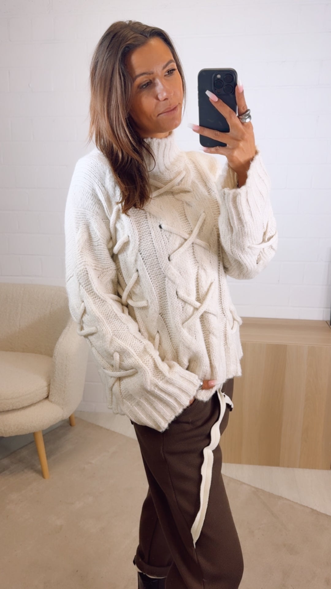 wollfreier Pullover mit Schnüren Muster / creme Art. 12962