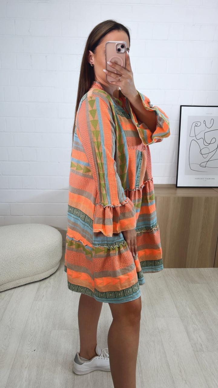 Tunika / Kleid in sommerlichem Muster und Farben / neon coral - blau - grün - taupe Art. 9529