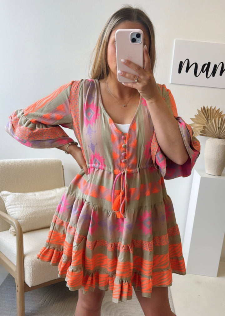 KURZES PREMIUM Tunika Kleid mit Muster / matcha - neon orange - pink - lila Art. 9819