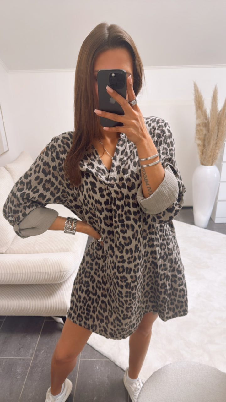 LEO Musselin Blusen Kleid mit V-Ausschnitt / leo taupe Art. 9554
