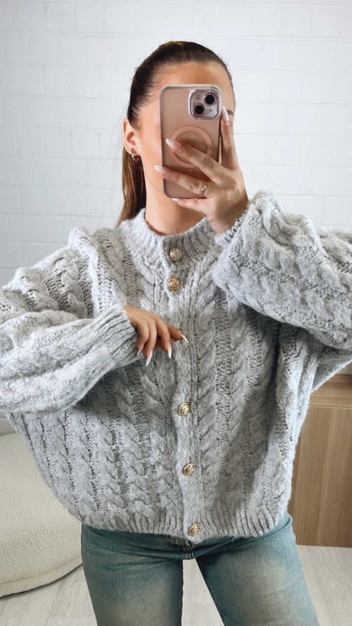ZOPFMUSTER Strick Cardigan, goldene Knöpfe / hell grau Art. 9446