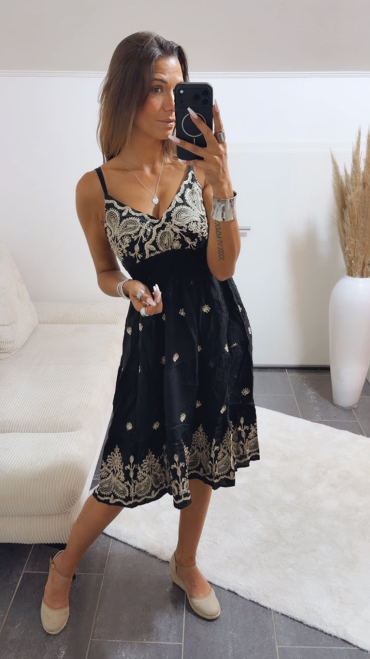 BESTICKTES Kleid mit verstellbarem Trägern / schwarz - beige Art.15121
