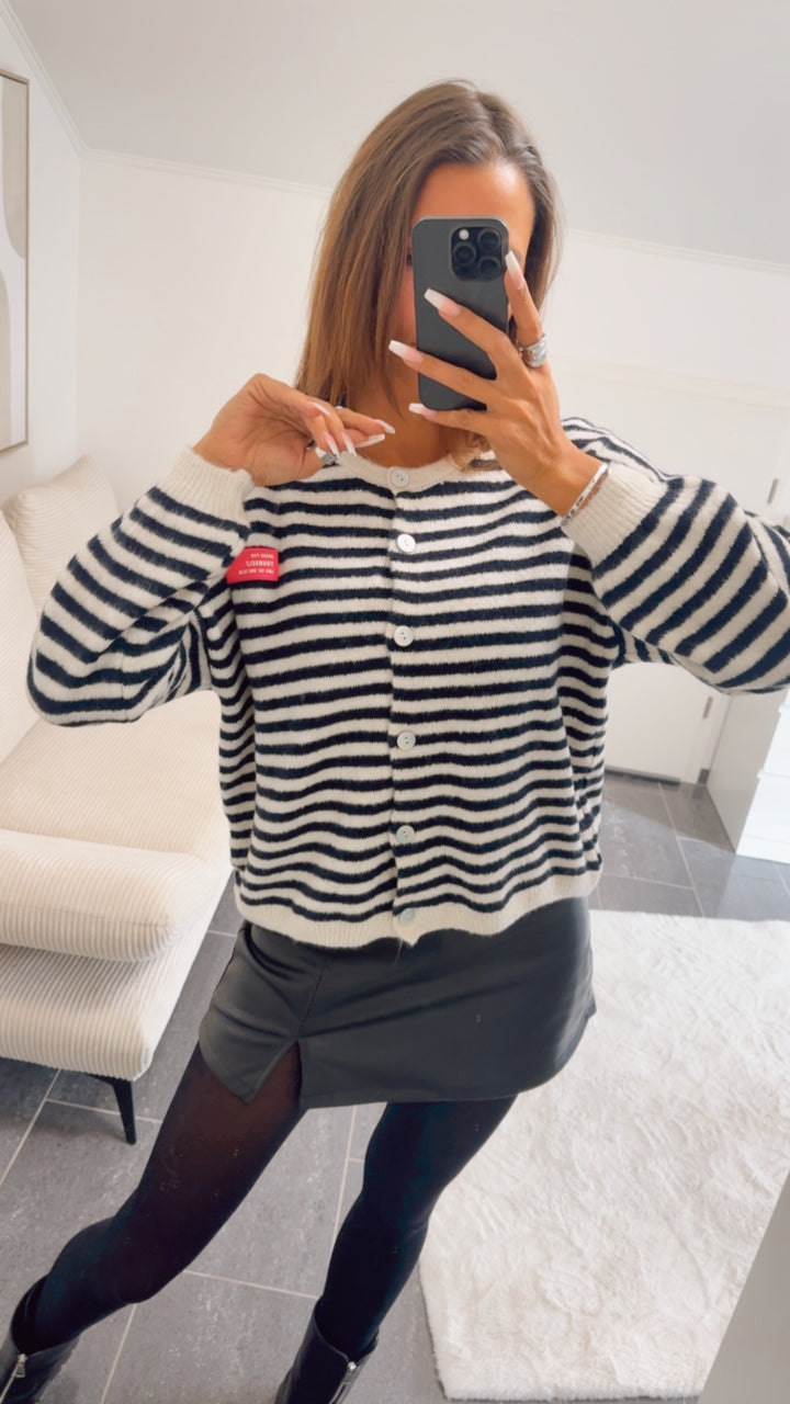 STREIFEN Strick Cardigan " Dress for Yourself " / wollweiss - marine blau Art. 12734