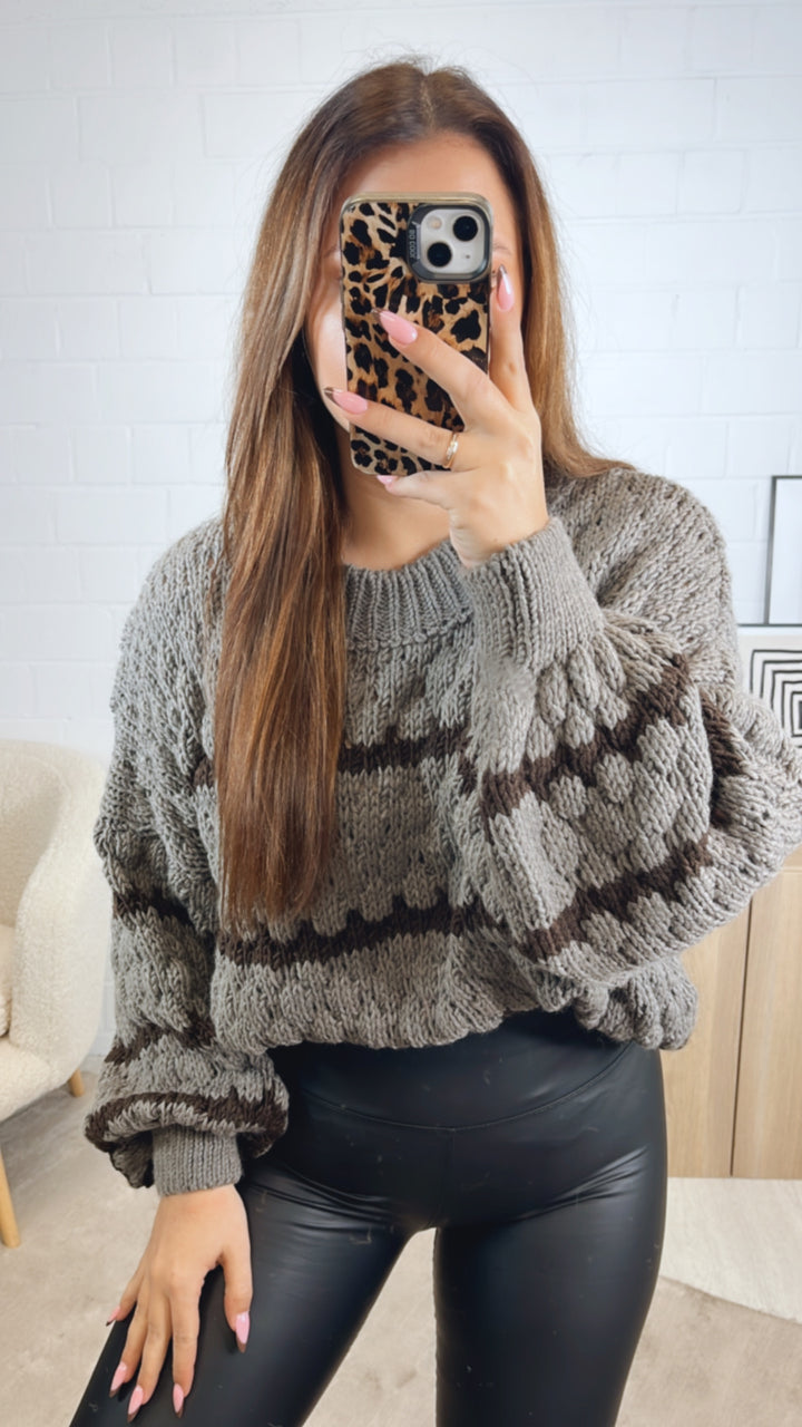 Pullover in ausgefallener Strickart / taupe - dunkel braun Art. 12808