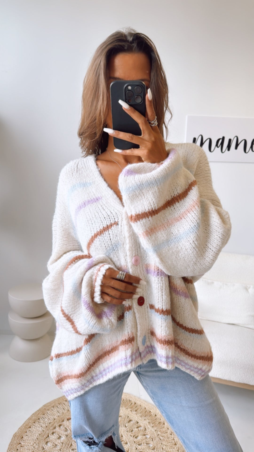 STREIFEN ultra weiter Cardigan / wollweiss - hell blau - flieder - braun - rosa Art. 10817