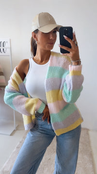 Offener Pastell Streifen Cardigan / flieder - light aqua - rosa - gelb Art. 14526