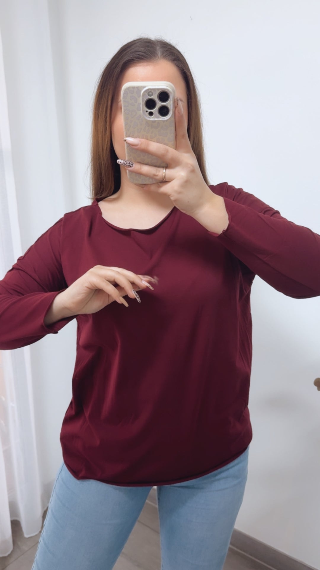 Baumwoll Basic Langarm Oberteil / bordeaux rot Art. 14248