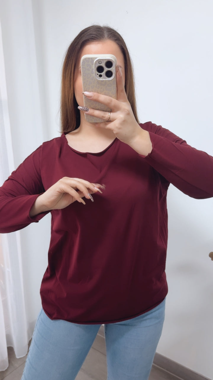 Baumwoll Basic Langarm Oberteil / bordeaux rot Art. 14248