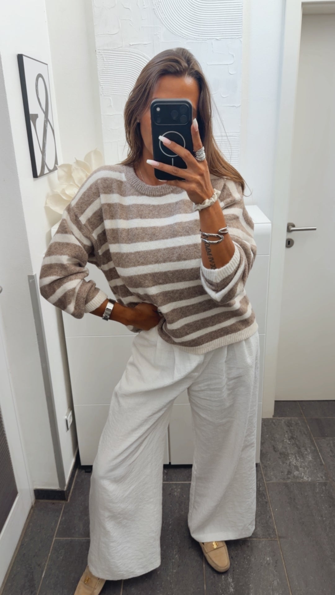 gestreifter, weicher Strick Pullover / taupe - weiss Art. 16119