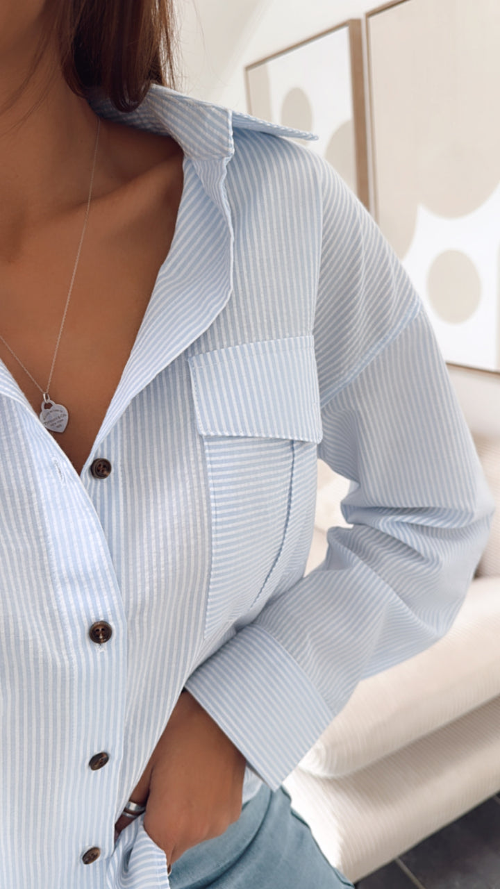 gestreifte Baumwoll Bluse / weiss - hell blau Art. 8591