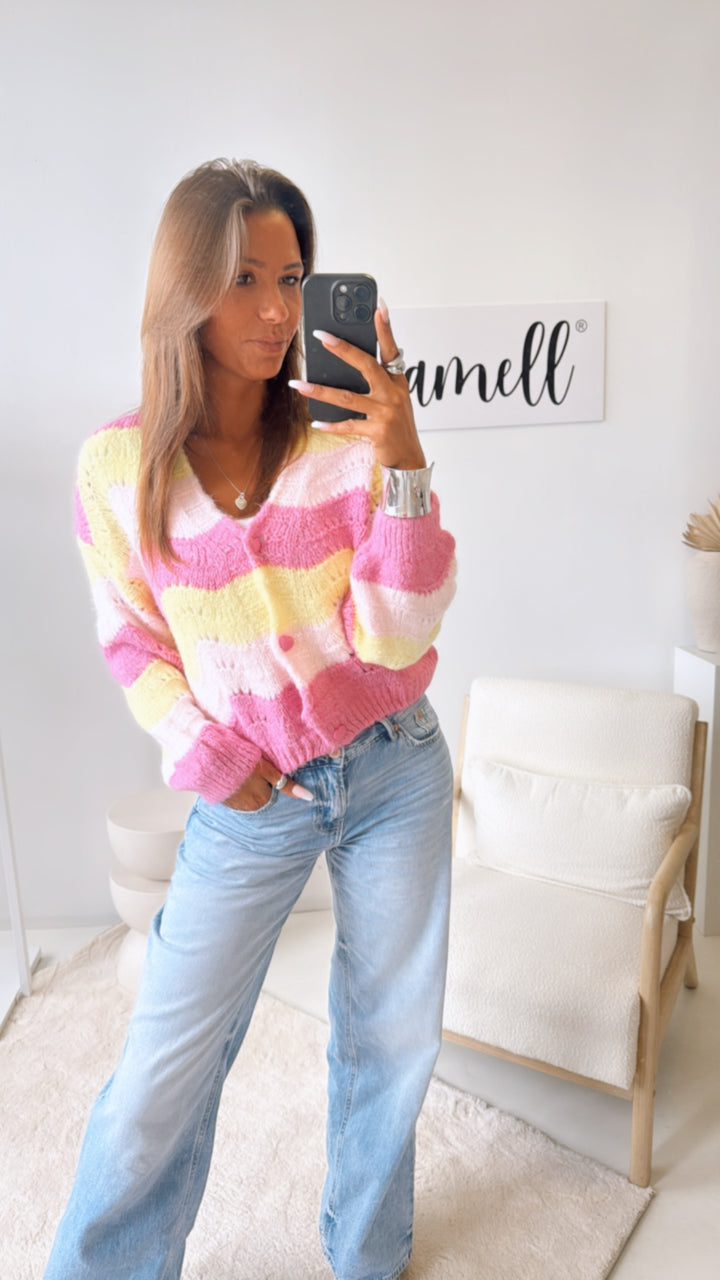 Strickjacke mit Herzknöpfen/ soft pink- gelb   Art.11160