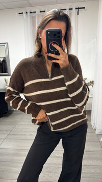 Strick STREIFEN Zipper Pullover / braun - beige Art. 16490