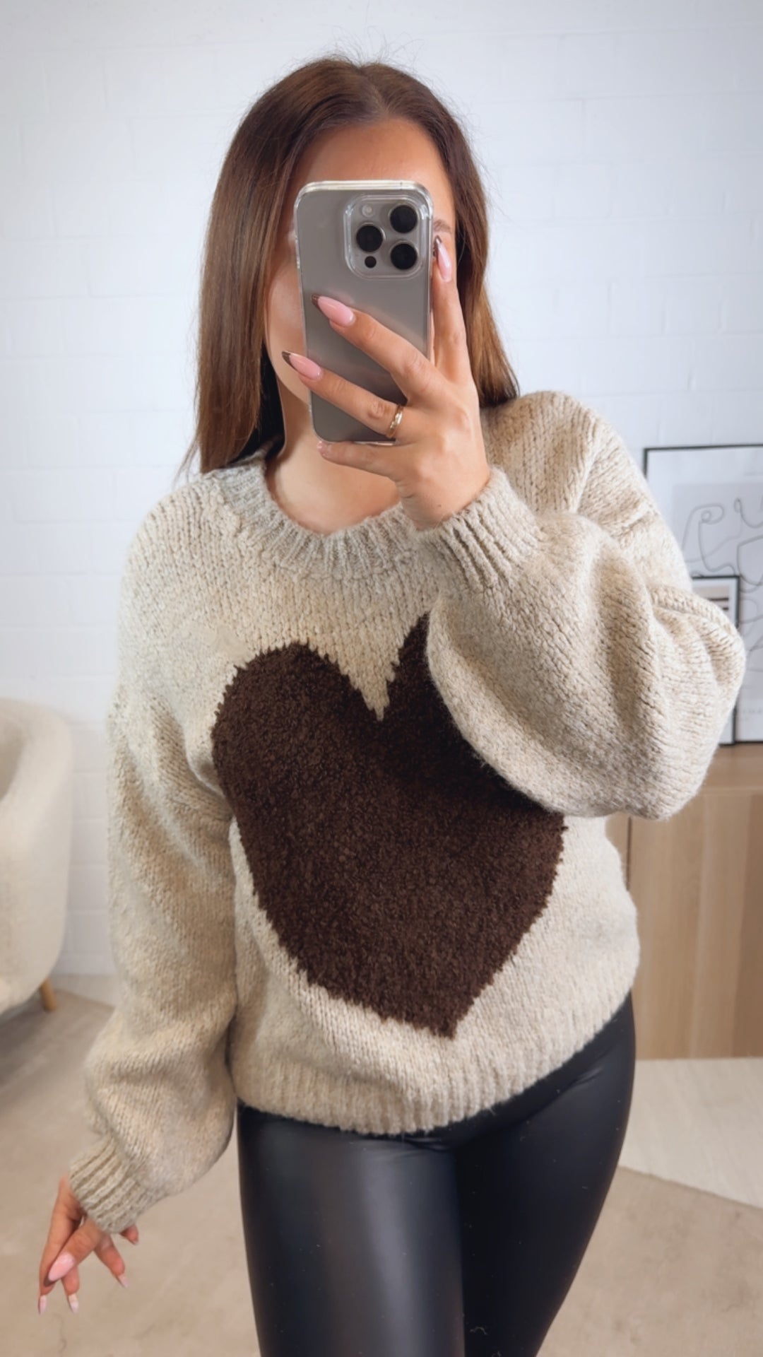 Strick Pullover mit Teddy Herz / beige - schoko braun Art. 13087