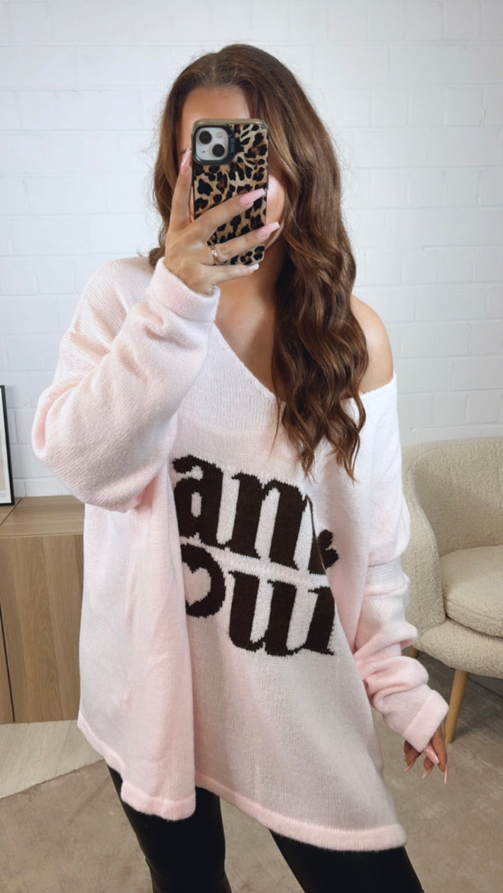 weiter Strick Pullover " Amour " / soft rosa - dunkel braun Art. 12515