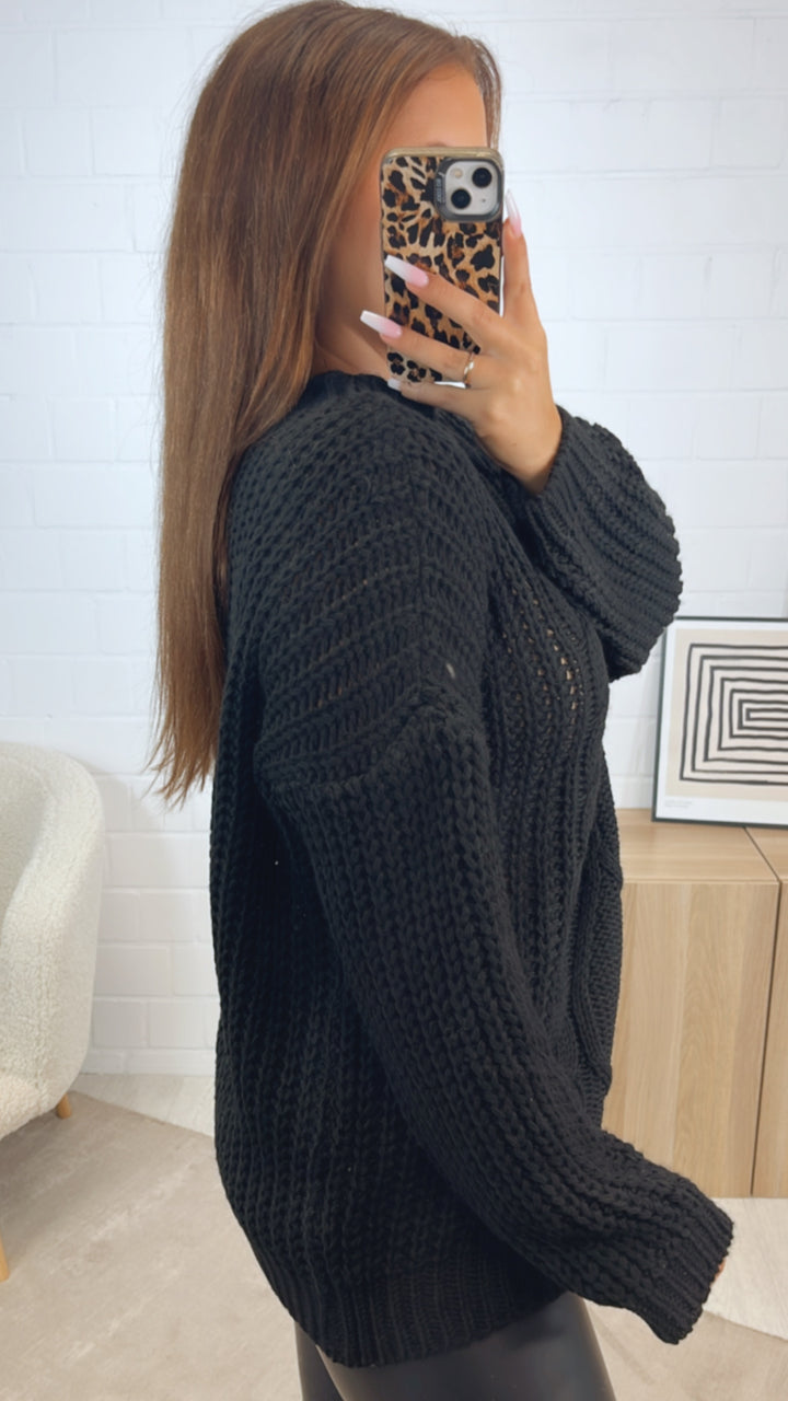 grober Strick Pullover mit Zopfmuster / schwarz Art. 12373