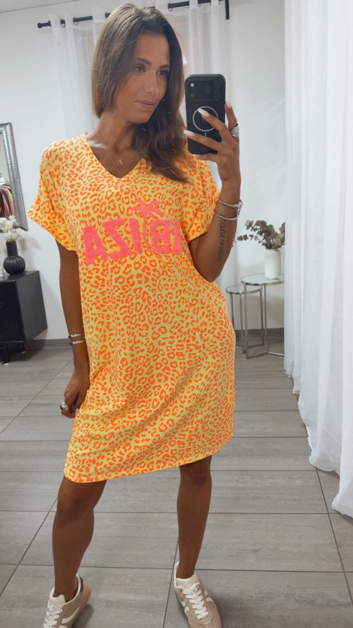 Leo T-Shirt Kleid  mit V-Ausschnitt Summer Vibe / gelb - orange Art.15625