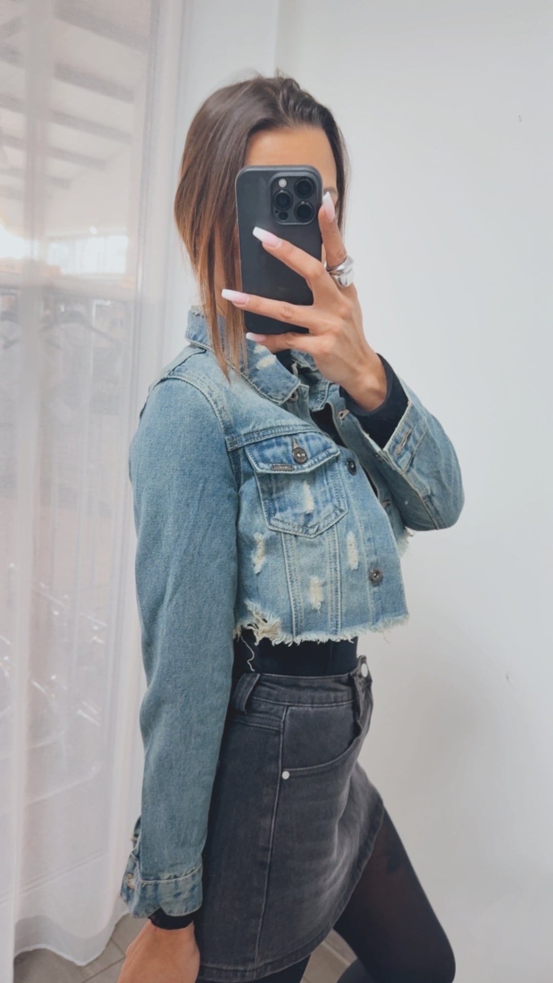 Crop Jeansjacke mit used - Elementen / mittel blau Art. 5744