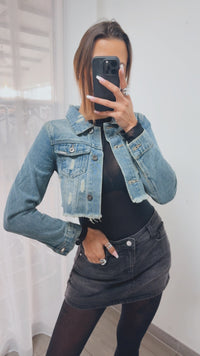 Crop Jeansjacke mit used - Elementen / mittel blau Art. 5744
