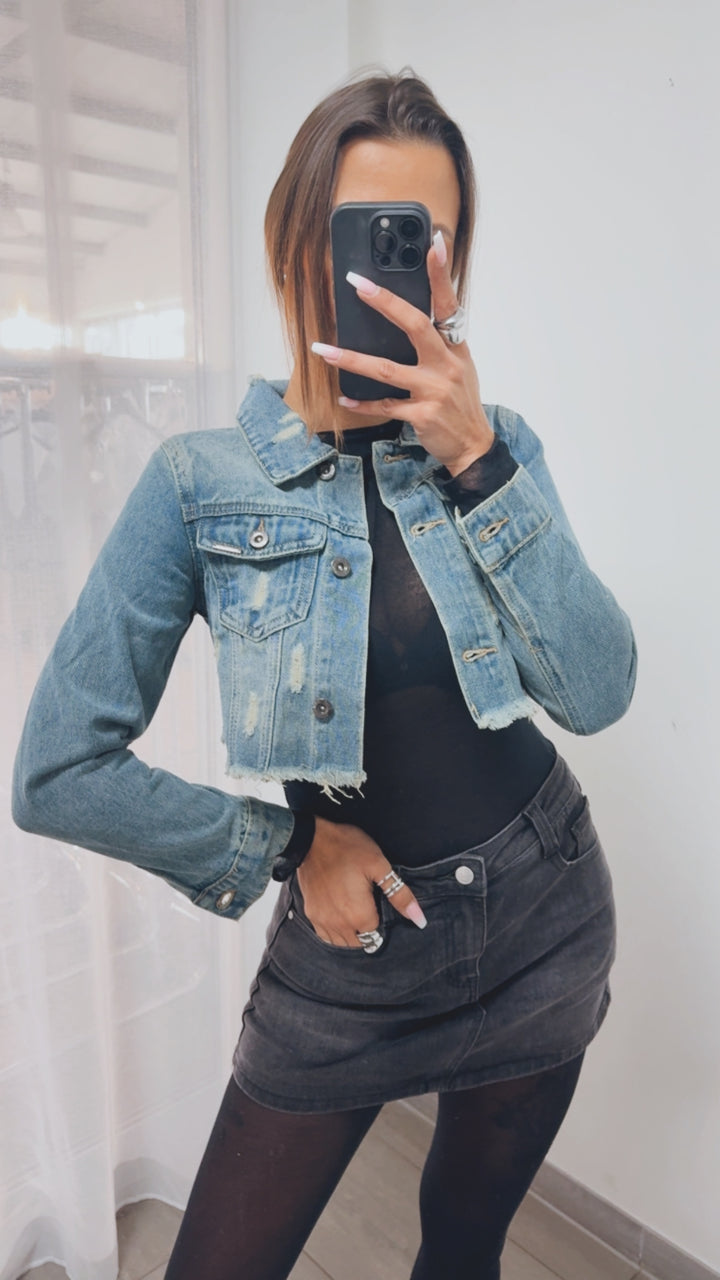 Crop Jeansjacke mit used - Elementen / mittel blau Art. 5744