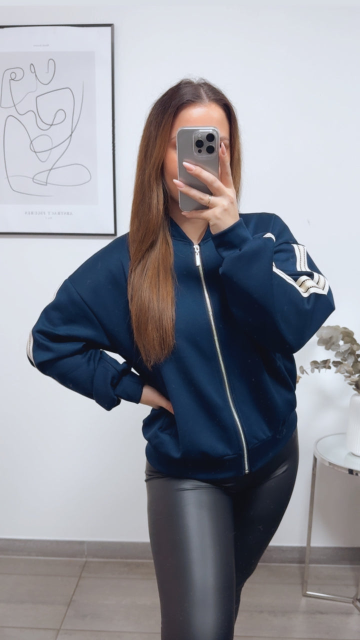 Sweat Jacke mit seitlichen Streifen / Marine blau - creme Art. 13248