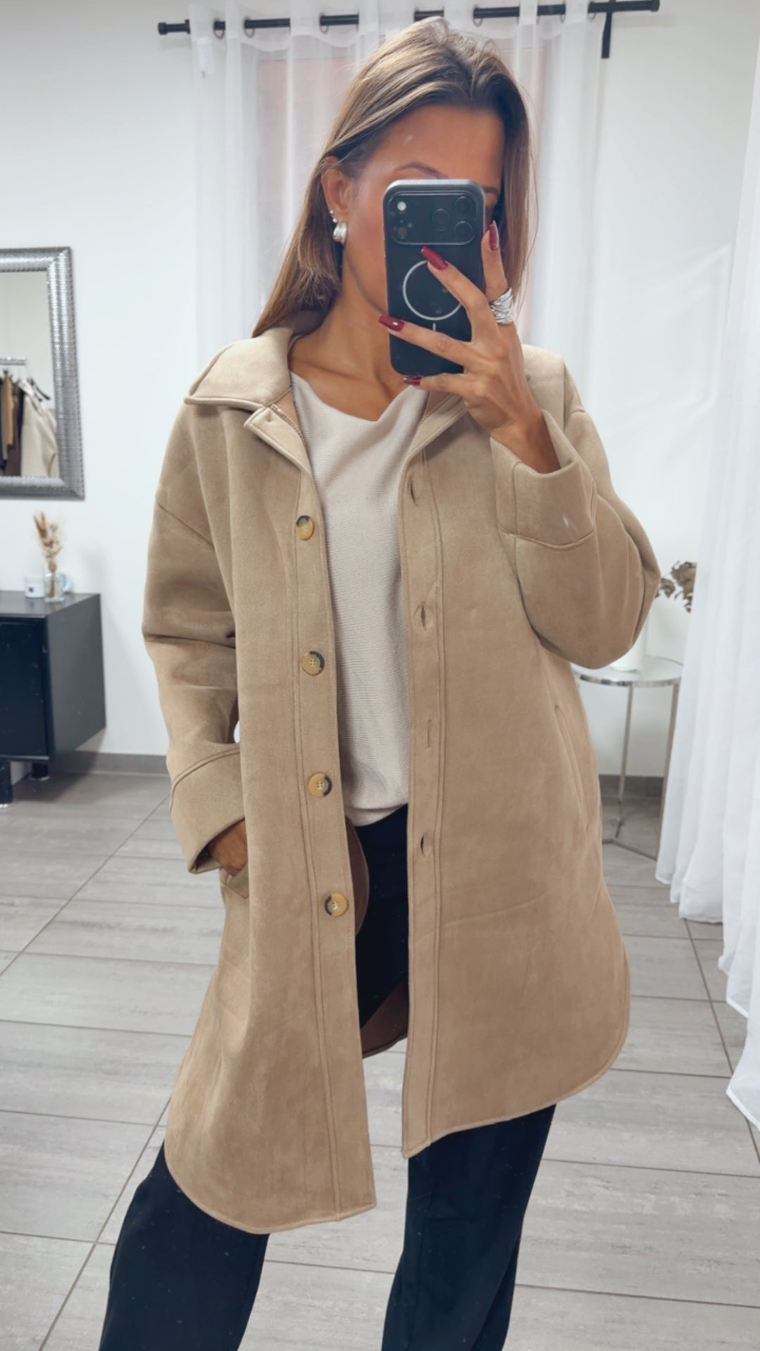 WILDLEDER OPTIK Long Jacke mit Taschen / beige Art. 16404
