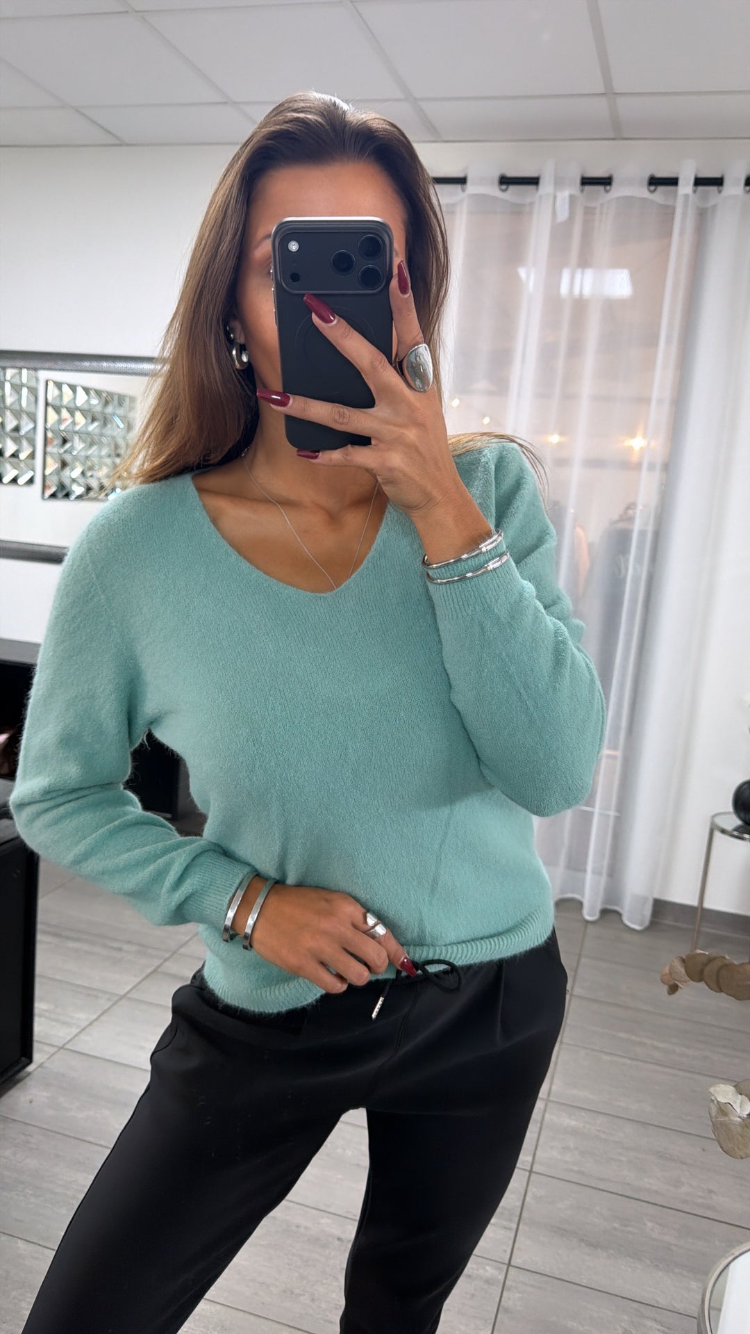 Weicher schlichter Strick Pullover V-Ausschnitt / mint Art.16770