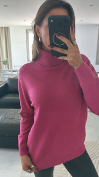 Locker fallender Rollkragen Pullover  / Beere-pink