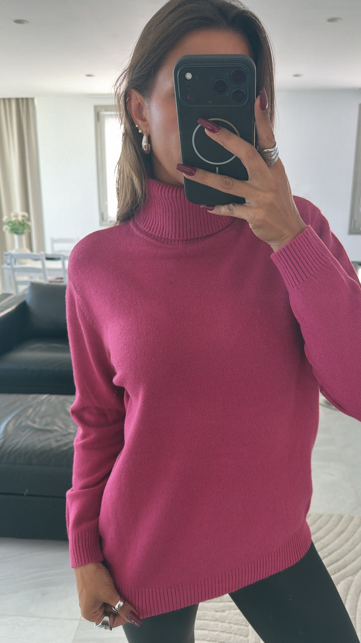 Locker fallender Rollkragen Pullover  / Beere-pink