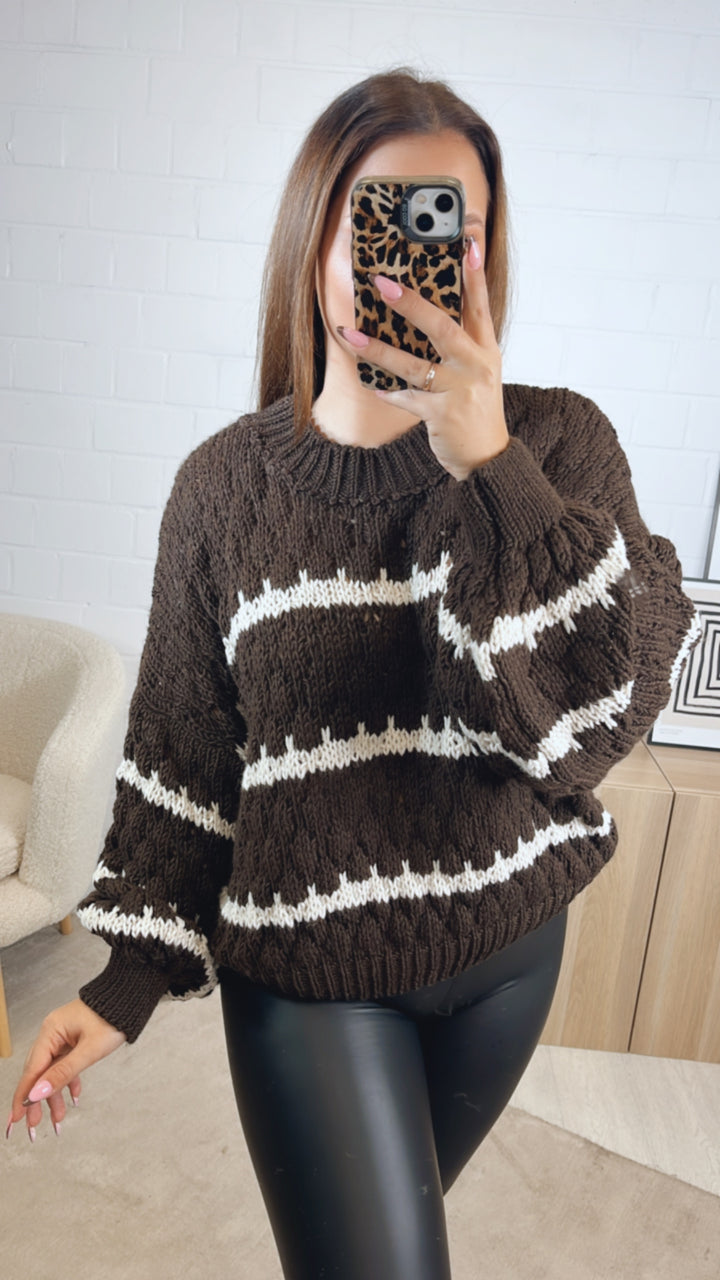 Pullover in ausgefallener Strickart / schoko braun - creme Art. 12805