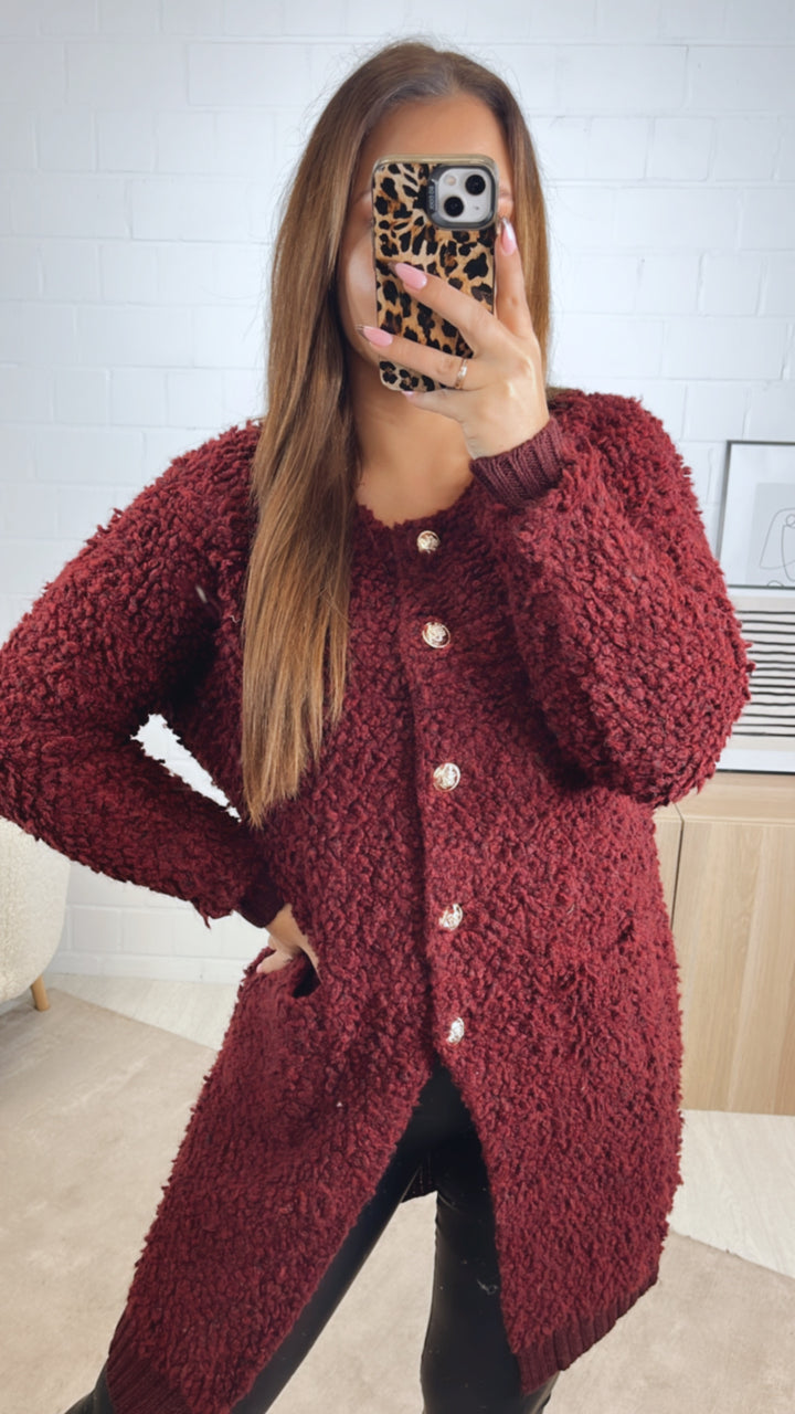 TEDDY langer Cardigan mit gold - silbernen Knöpfen, Taschen / bordeaux rot Art. 12834