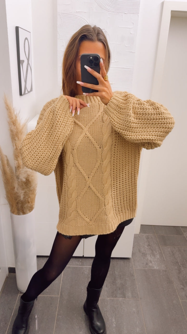 grober Strick Pullover mit Zopfmuster / camel Art. 12374