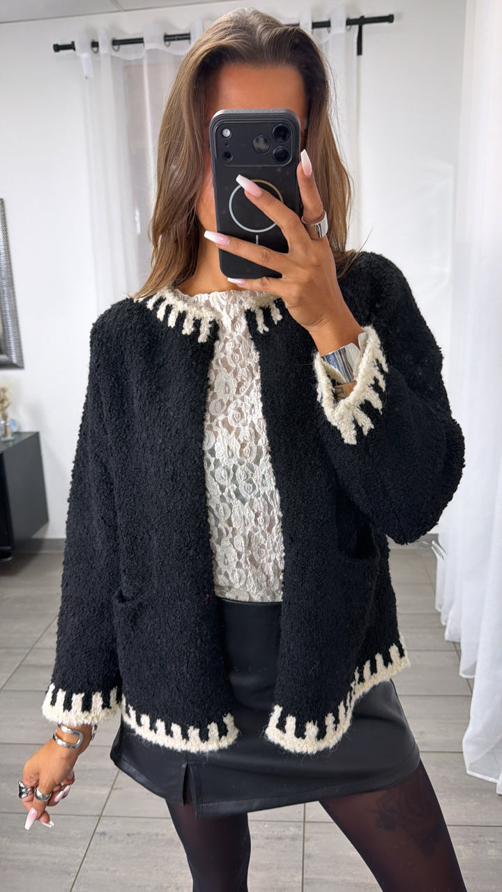 Strick Cardigan in Bouclé-Optik mit Akzenten / schwarz - creme Art.16310