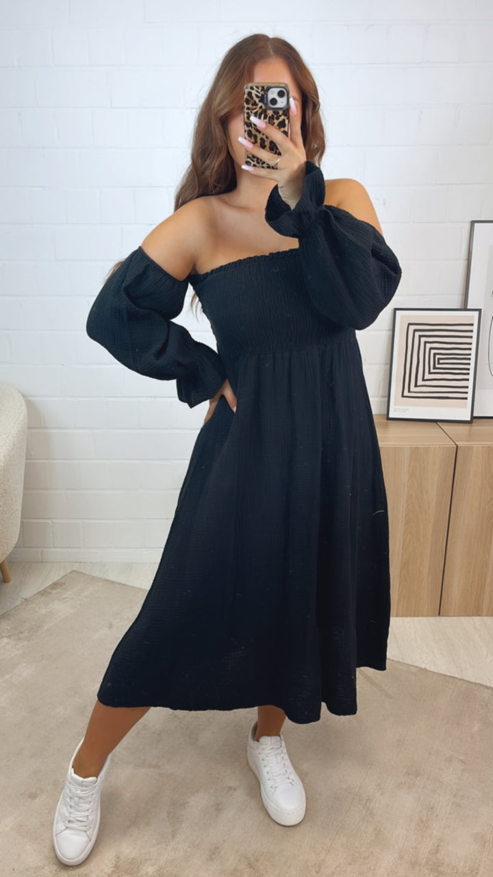(Midi-) off - shoulder Musselin Kleid / schwarz Art. 10862