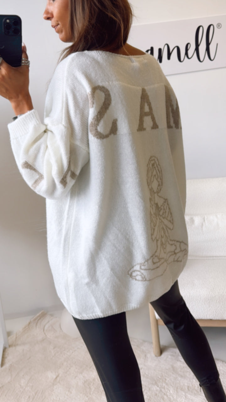 Strick Pullover "Namaste" / woll weiß - beige Art. 122326