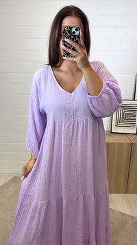 langes Musselin Kleid, Ärmel mit Gummibund / flieder Art. 11223