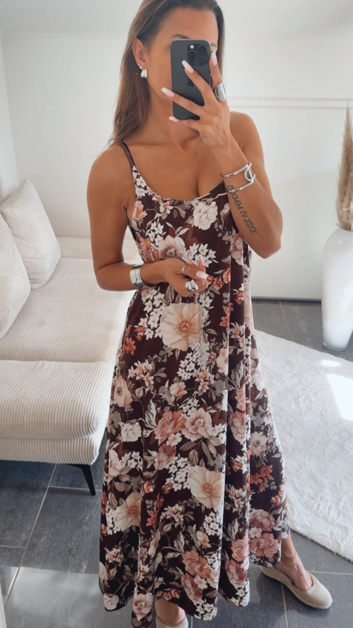 FLORALES Maxi Kleid mit verstellbaren Trägern / braun - weiß - salbei - beere Art.14783