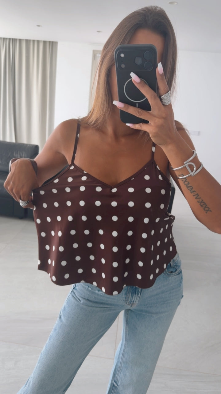 PUNKTE Satin Look Top / braun - weiss Art. 15947